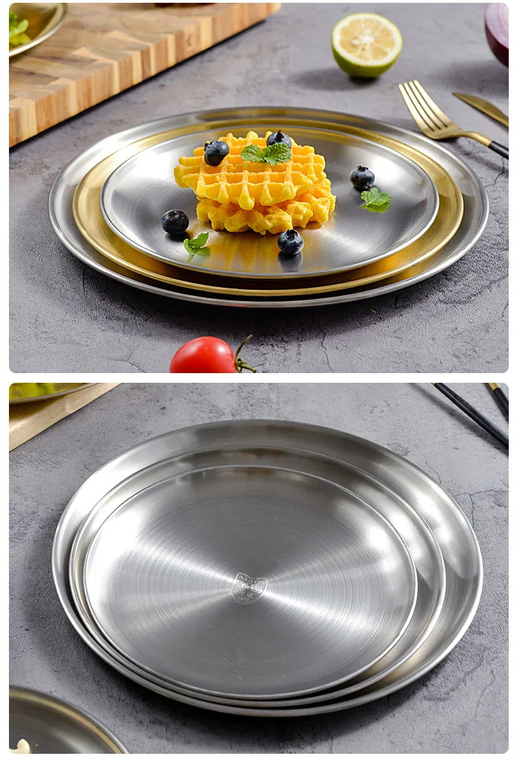 Stainless Steel Round Dinner Plates, Gold Plates, Metal Plates for Picnic, Outdoor Camping Plate, Kitchen Tableware, Unbreakable Peaceful Pleasures Health and Wellness