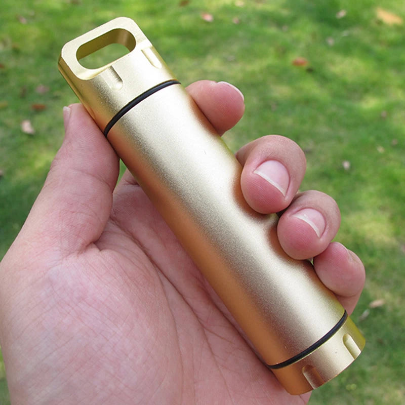 Portable Waterproof Capsule Seal Bottle Aluminum Alloy Outdoor Survival Pill Box Multifunctional Container Outdoor Tools Peaceful Pleasures Health and Wellness GOLD China Mainland