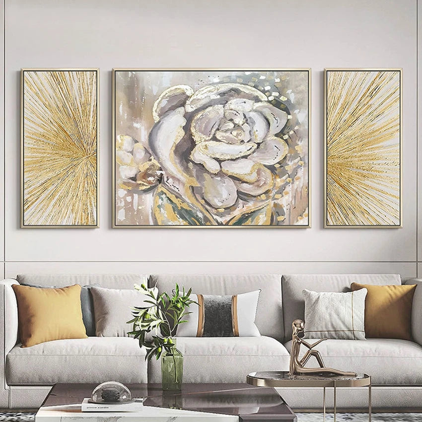 3-Panel Handmade Abstract Floral Oil Painting | Canvas Wall Art Canvas Wall Art Peaceful Pleasures Health and Wellness No frame 40x60cmx2 60x60cm