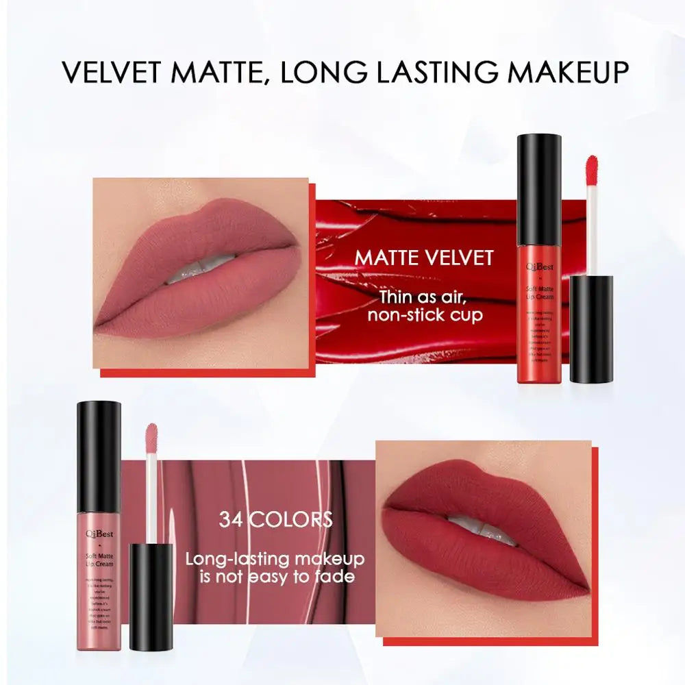 QIBEST Sexy Long Lasting Velvet Matte Lip Gloss Liquid Lipstick Lip Makeup Women Beauty Red Nonstick Cup Waterproof Lipgloss Peaceful Pleasures Health and Wellness