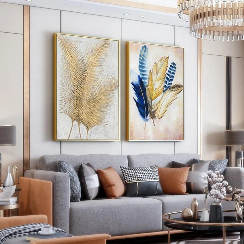 Hand Drawn Canvas Oil Painting Sofa Background Wall Decor Art Custom Abstract Leaf Frameless Mural Living Room Hanging Picture Peaceful Pleasures Health and Wellness
