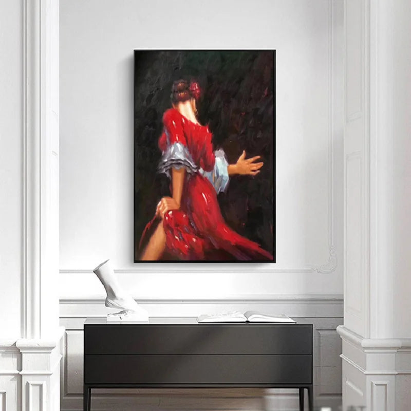 On the canvas art impressionist living room wall hangs a beautiful Spanish dancer hand-painted by a girl in red Peaceful Pleasures Health and Wellness