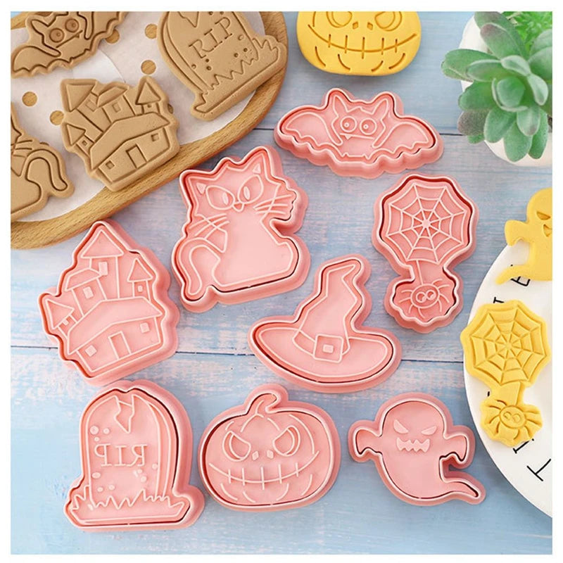 8-Piece Halloween Cookie Mold Set – Ghost & Cartoon Press Biscuit Cutters, Food-Grade PLA