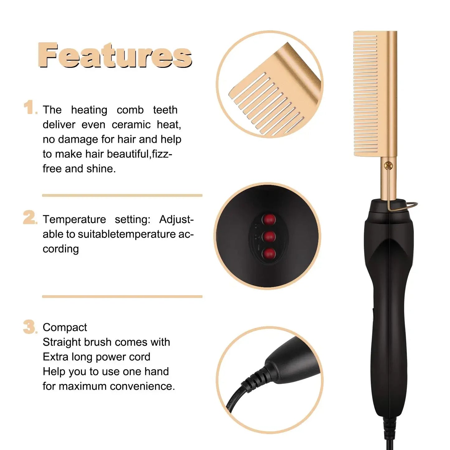 2 in1 Hot Comb Hair Straightener Electric Heating Comb Fast Heating Portable Travel Anti-Scald Beard Straightener Press Comb Peaceful Pleasures Health and Wellness