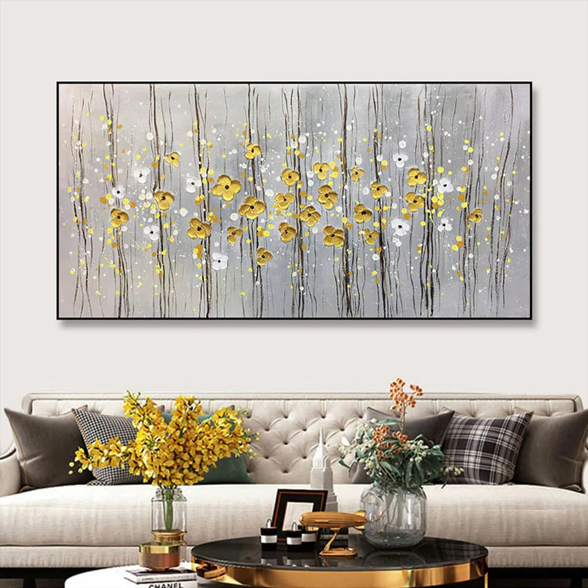 Nice Picture Money Golden Flowers Design Wall Art Poster For Home Deocr Hand Painted Oil Painting On Canvas For Living Room Sofa Peaceful Pleasures Health and Wellness No Frame 100cmx180cm
