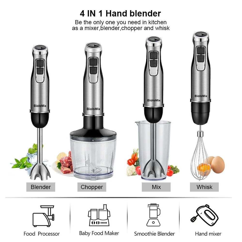 BioloMix 4 in 1 High Power 1200W Immersion Hand Stick Blender Mixer Includes Chopper and Smoothie Cup Stainless Steel Ice Blades Peaceful Pleasures Health and Wellness