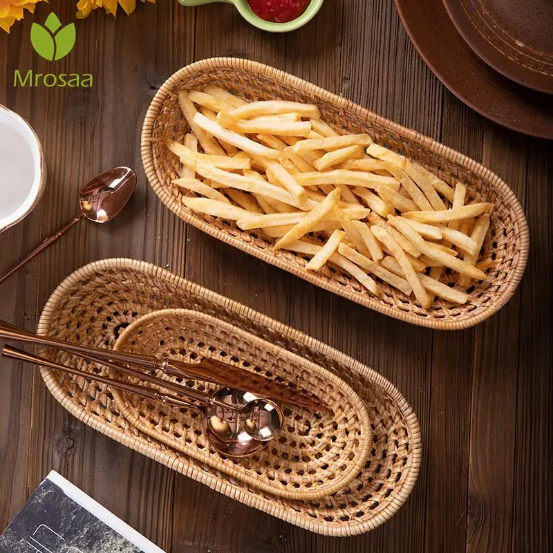Hand-Woven Rattan Bread Storage Tray Fruit Basket Breakfast Serving Trays Oval Tea Snack Plate Cutlery Tray Home Decoration Peaceful Pleasures Health and Wellness