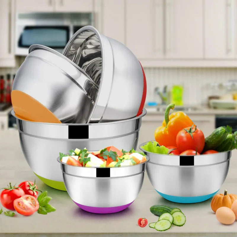 5 Pieces Stainless Steel Mixing Bowls Metal Nesting Bowls with Colorful Airtight Lids Non-Slip Bottoms 18/20/22/24/26cm Diameter Peaceful Pleasures Health and Wellness