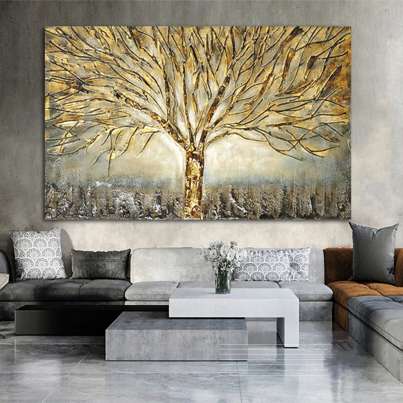 Gold Tree of Life Oil Painting Poster and Prints on Canvas Abstract Art Pictures Modern Wall Art For Home Living Room Decoration Peaceful Pleasures Health and Wellness