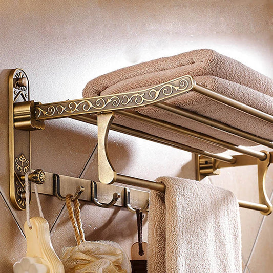 Foldable Antique Brass Aluminum Bath Towel Rack with Hooks Bathroom Towel Rack Peaceful Pleasures Health and Wellness Default Title