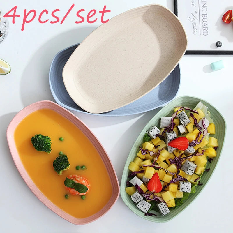 Wheat Straw Eco Serving Plate & Snack Tray – 4-Color Set for Pizza, Fruit, Breakfast & Dessert