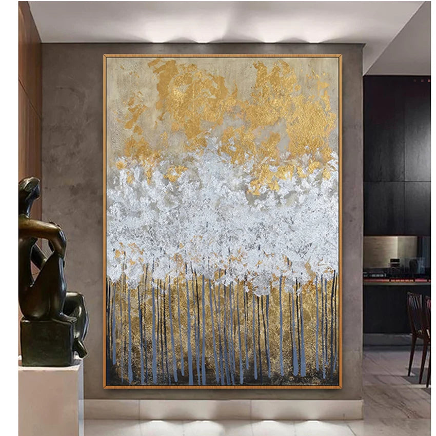 Abstract Gold Foil Handmade Canvas Oil Painting Forest Hanging Poster Home Decoration Art Custom Mural Living Room Bedroom Hotel Peaceful Pleasures Health and Wellness