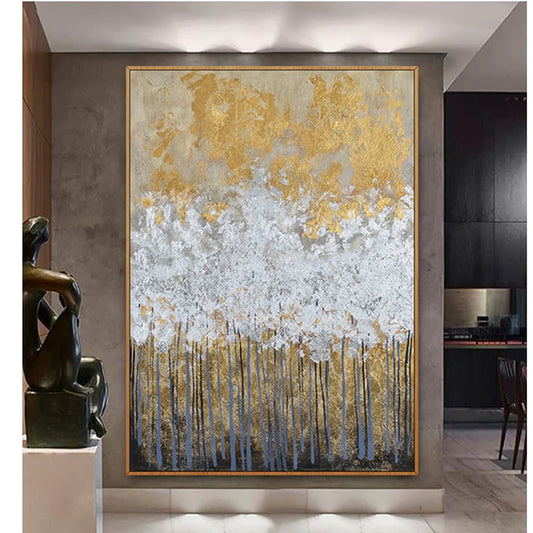 Abstract Gold Foil Handmade Canvas Oil Painting Forest Hanging Poster Home Decoration Art Custom Mural Living Room Bedroom Hotel Peaceful Pleasures Health and Wellness