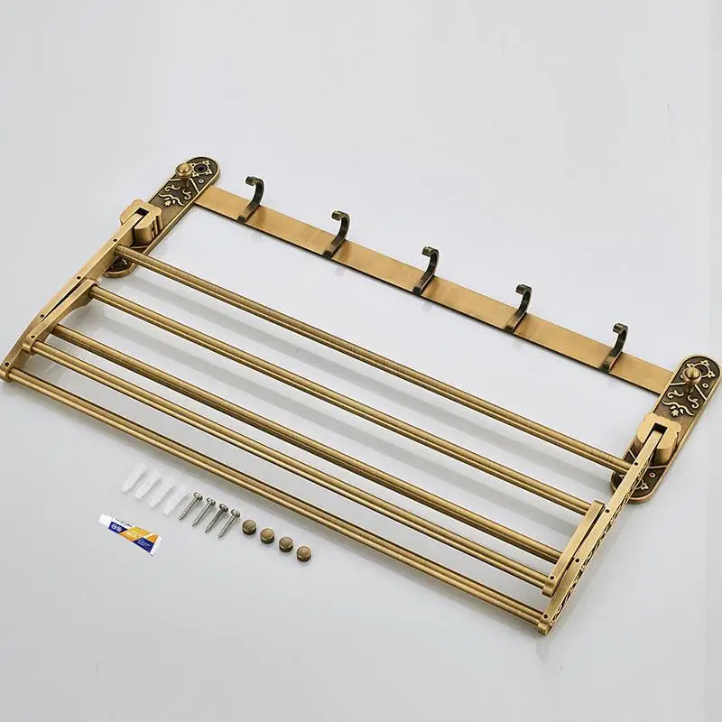 Foldable Antique Brass Aluminum Bath Towel Rack with Hooks
