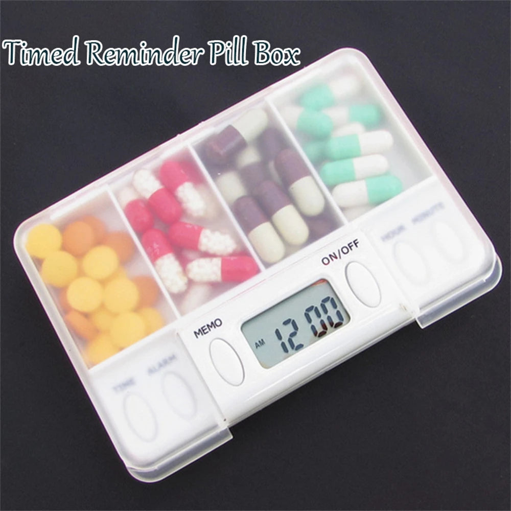 4 Grid pill box medicine Storage Box Electronic Timing Reminder Medicine Boxes Alarm Timer Pills Organizer Pill Drug Container Peaceful Pleasures Health and Wellness