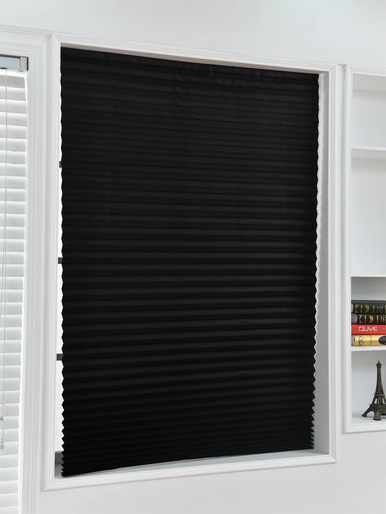 Pleated Window Shade Adhesive Blinds Light Blocking Fabric Shade Half blackout For Window Door Zebra Roman Curtain Temporary Peaceful Pleasures Health and Wellness Blinds Black 90W x 150cm L