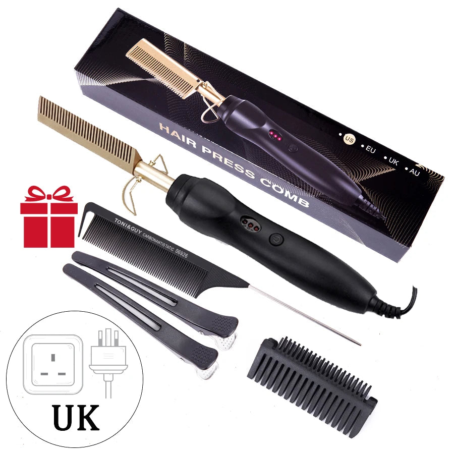 3 in 1 Hot Comb Straightener Electric Hair Straightener Hair Curler Wet Dry Use Hair Flat Irons Hot Heating Comb For Hair Peaceful Pleasures Health and Wellness Golden UK