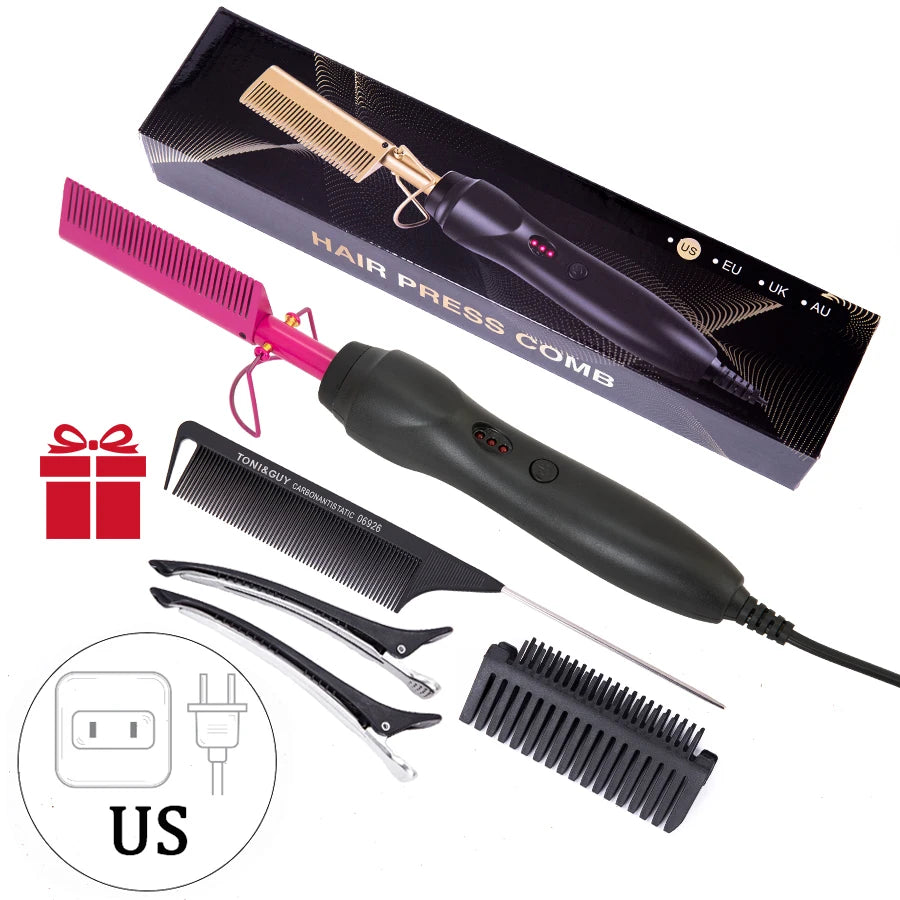 3 in 1 Hot Comb Straightener Electric Hair Straightener Hair Curler Wet Dry Use Hair Flat Irons Hot Heating Comb For Hair Peaceful Pleasures Health and Wellness Pink US