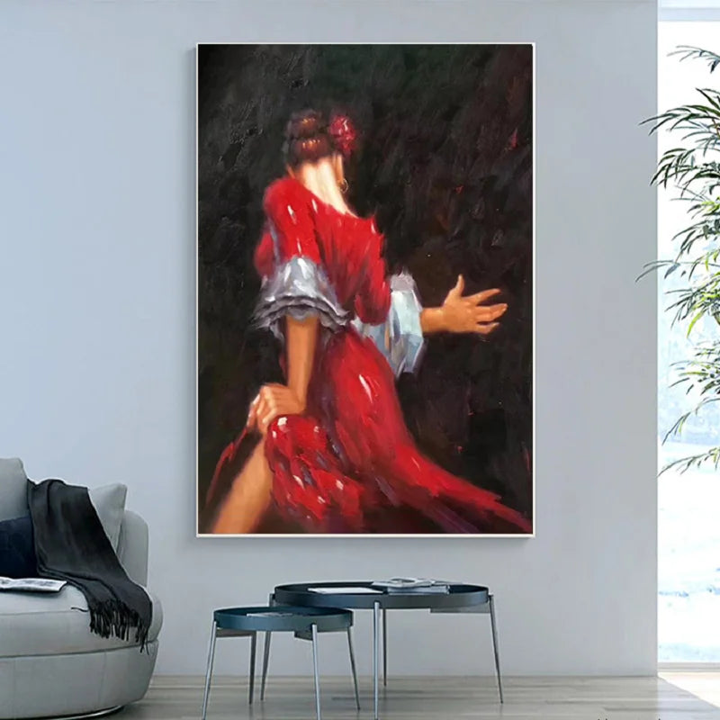 On the canvas art impressionist living room wall hangs a beautiful Spanish dancer hand-painted by a girl in red Peaceful Pleasures Health and Wellness