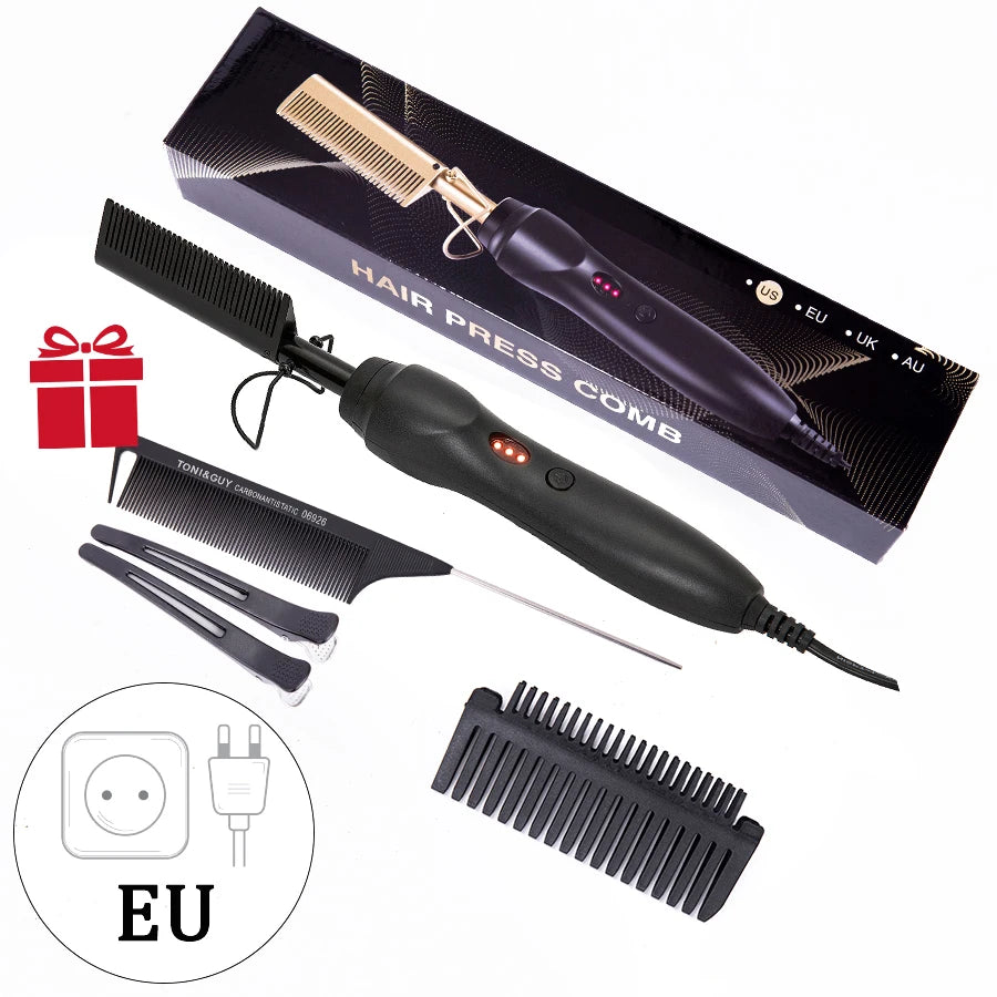 3 in 1 Hot Comb Straightener Electric Hair Straightener Hair Curler Wet Dry Use Hair Flat Irons Hot Heating Comb For Hair Peaceful Pleasures Health and Wellness Black EU
