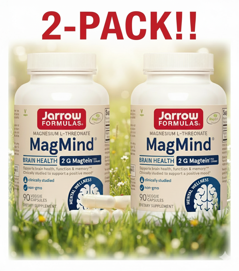 Two bottles of Jarrow Formulas MagMind supplement with grass and flowers in the background.