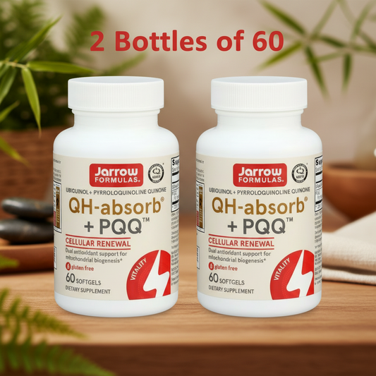 Jarrow Formulas QH-Absorb PQQ bottle, Ubiquinol softgels for heart health.