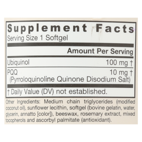 Jarrow Formulas QH-Absorb PQQ nutrition facts label showing Ubiquinol (CoQ10) and Pyrroloquinoline Quinone (PQQ) dosage.