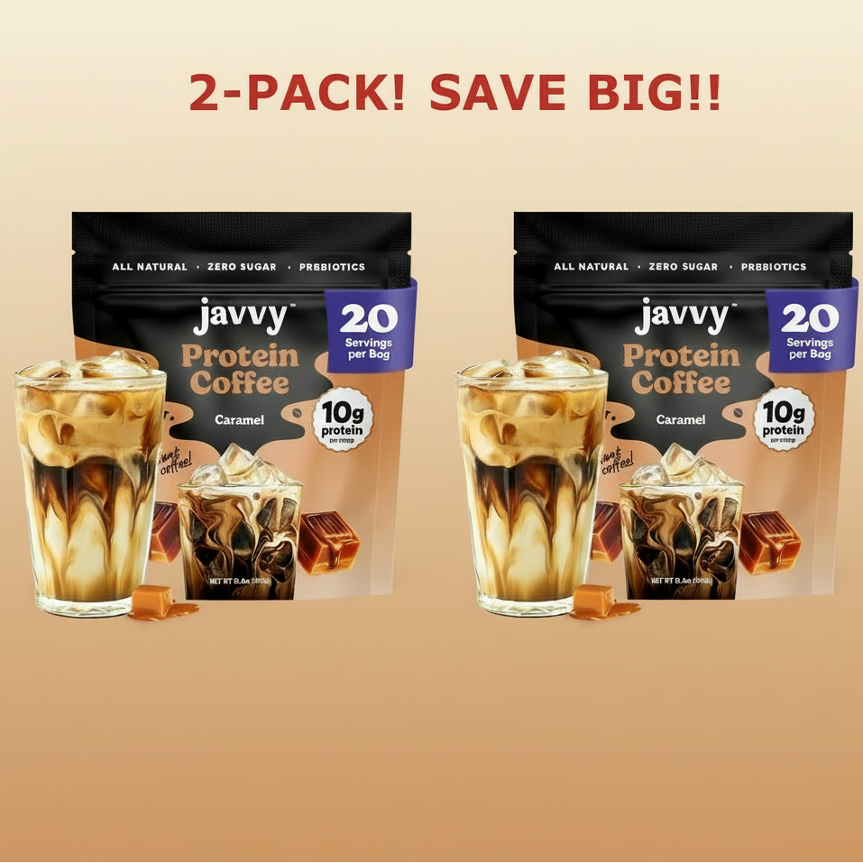 Two bags of Javvy Protein Coffee in Caramel flavor, clearly labeled as a 2-Pack bundle. Highlight the "Protein Coffee" and "Caramel" flavor.