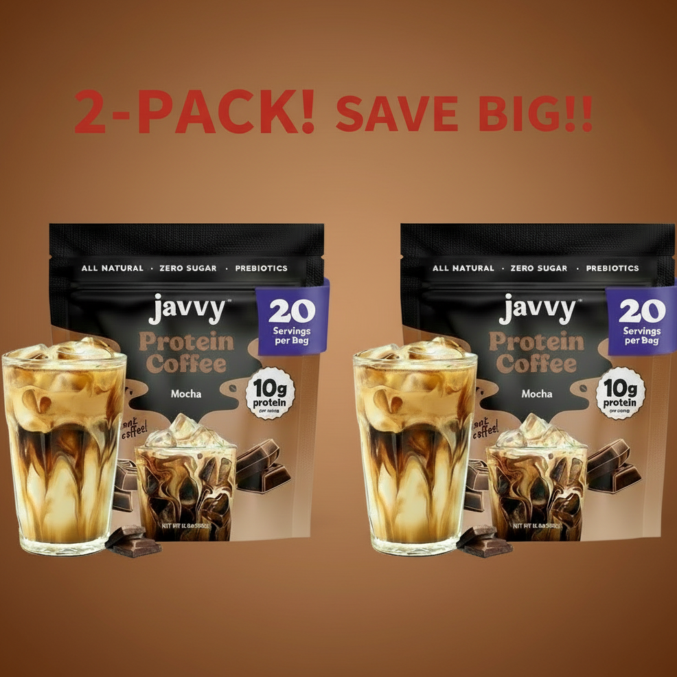 Two bags of Javvy Coffee Mocha Instant Protein Coffee, clearly labeled as a 2-Pack bundle. Highlight the "High Protein," "Mocha," and "2 Bags" features.
