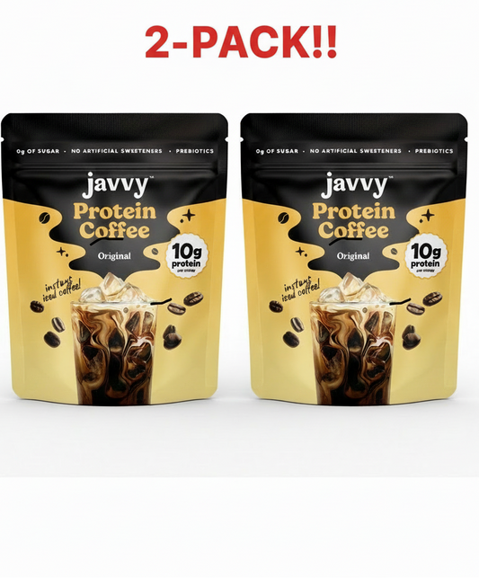 Two packages of javvy Protein Coffee on a white background with promotional text.