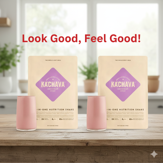 Two bags of KA'CHAVA All-in-One Nutrition Shake in Acai Coconut flavor.