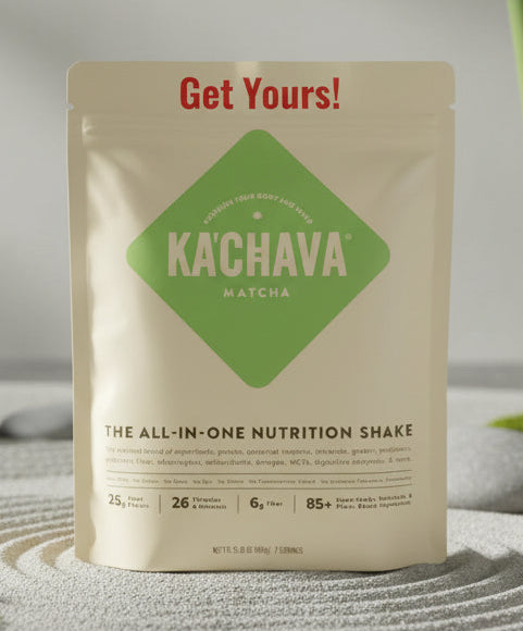 Kachava Matcha nutrition shake package with green and red text on a beige background