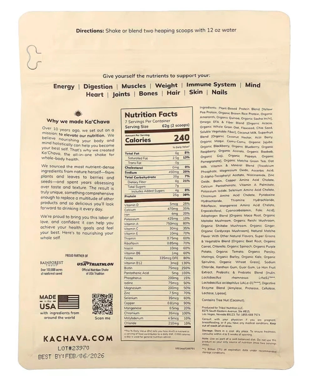 Back of a Kachava supplement package with nutritional information and directions.