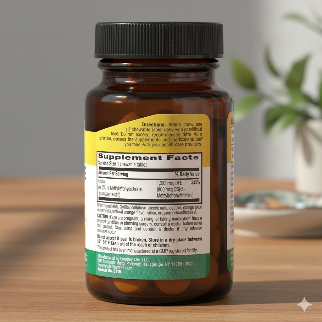 Country Life Methylfolate supplement label highlighting the 800 mcg dosage and Gluten-Free certification.
