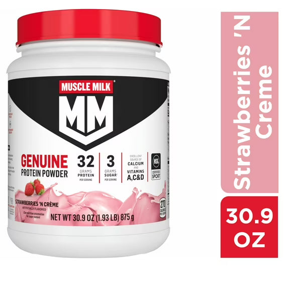 Pair of 2 TWO Muscle Milk Genuine Protein Powder, Strawberries 'N Crème, 32g Protein, 1.93lb, 30.9oz