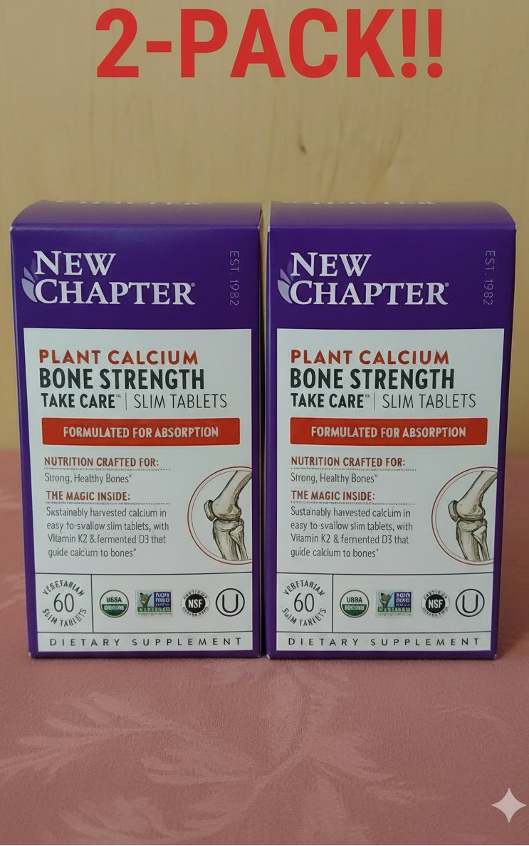 Two boxes of New Chapter Plant Calcium Bone Strength supplements on a red background with text 'The Wait is Over!'.