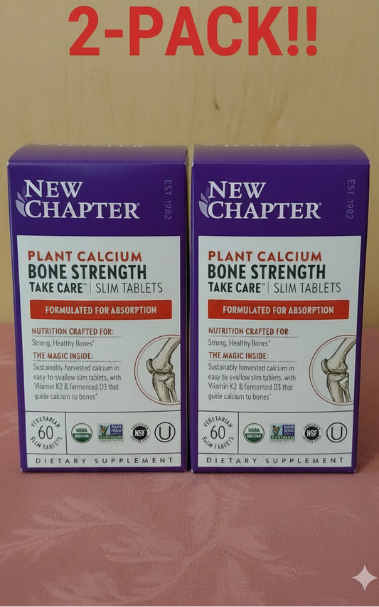 Two boxes of New Chapter Plant Calcium Bone Strength supplements on a red background with text 'The Wait is Over!'.