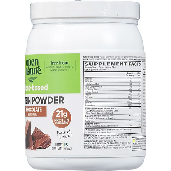 2 Pack! TWO Open Nature Chocolate Plant Based Protein Powder - 1 Pound 2 Ounce