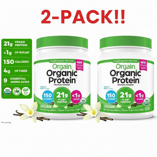 Two containers of Orgain Organic Protein with green lids on a white background, featuring nutritional information and branding.