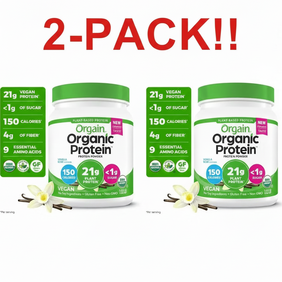 Two containers of Orgain Organic Protein with nutritional information on a white background.