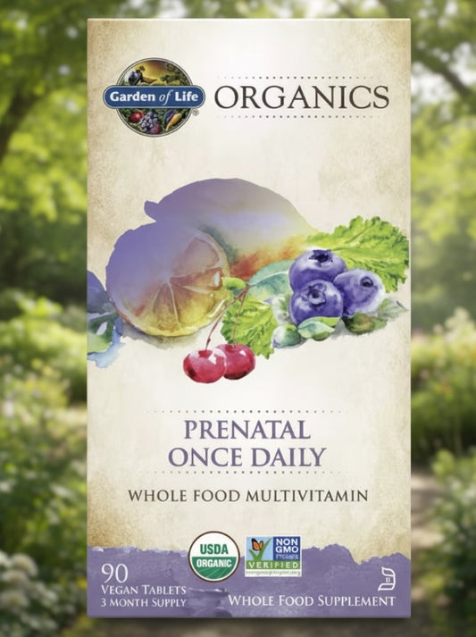 Garden of Life Organics Prenatal Multivitamin bottle. 30-Day supply of certified vegan, non-GMO, gluten-free whole food nutrients.