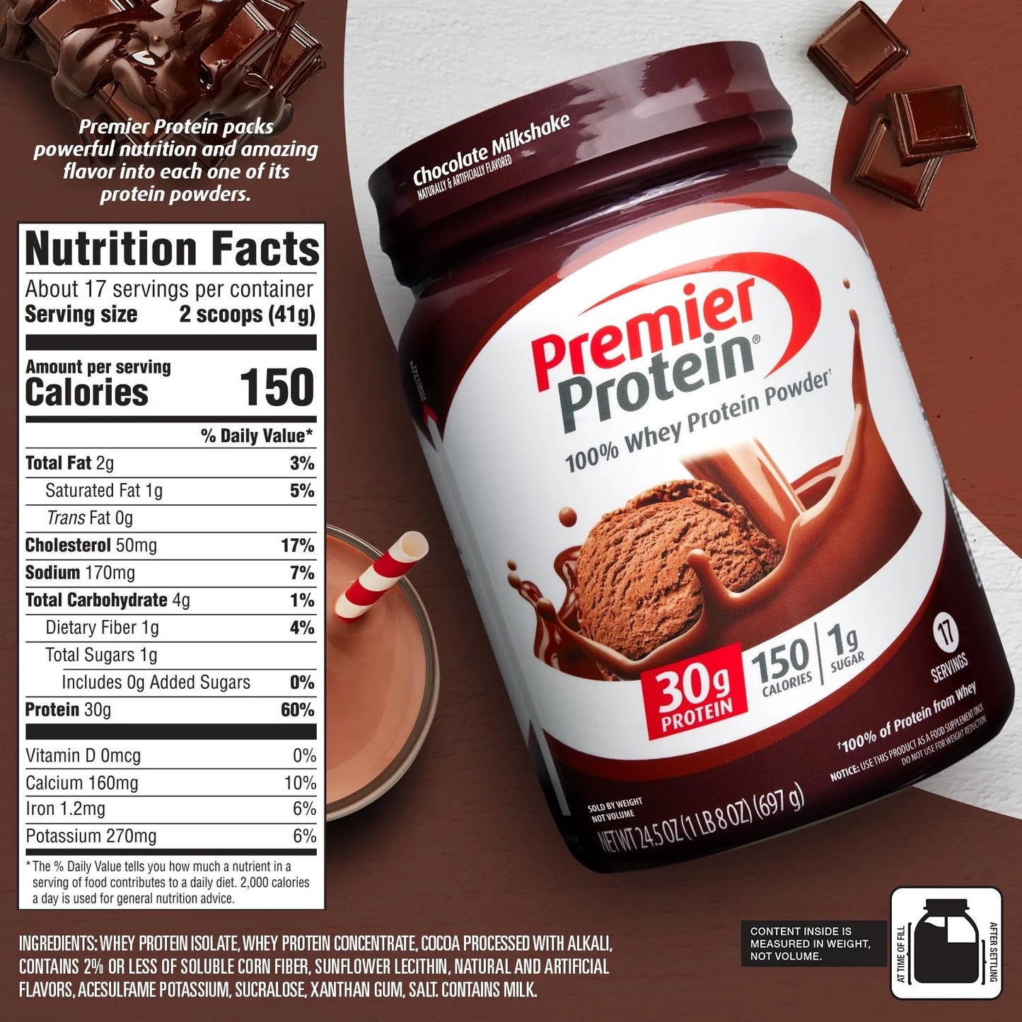 2 Pack TWO Premier Protein 100% Whey Protein Powder, Chocolate Milkshake, 30g Protein, 24.5 oz, 1 Lb 8 oz