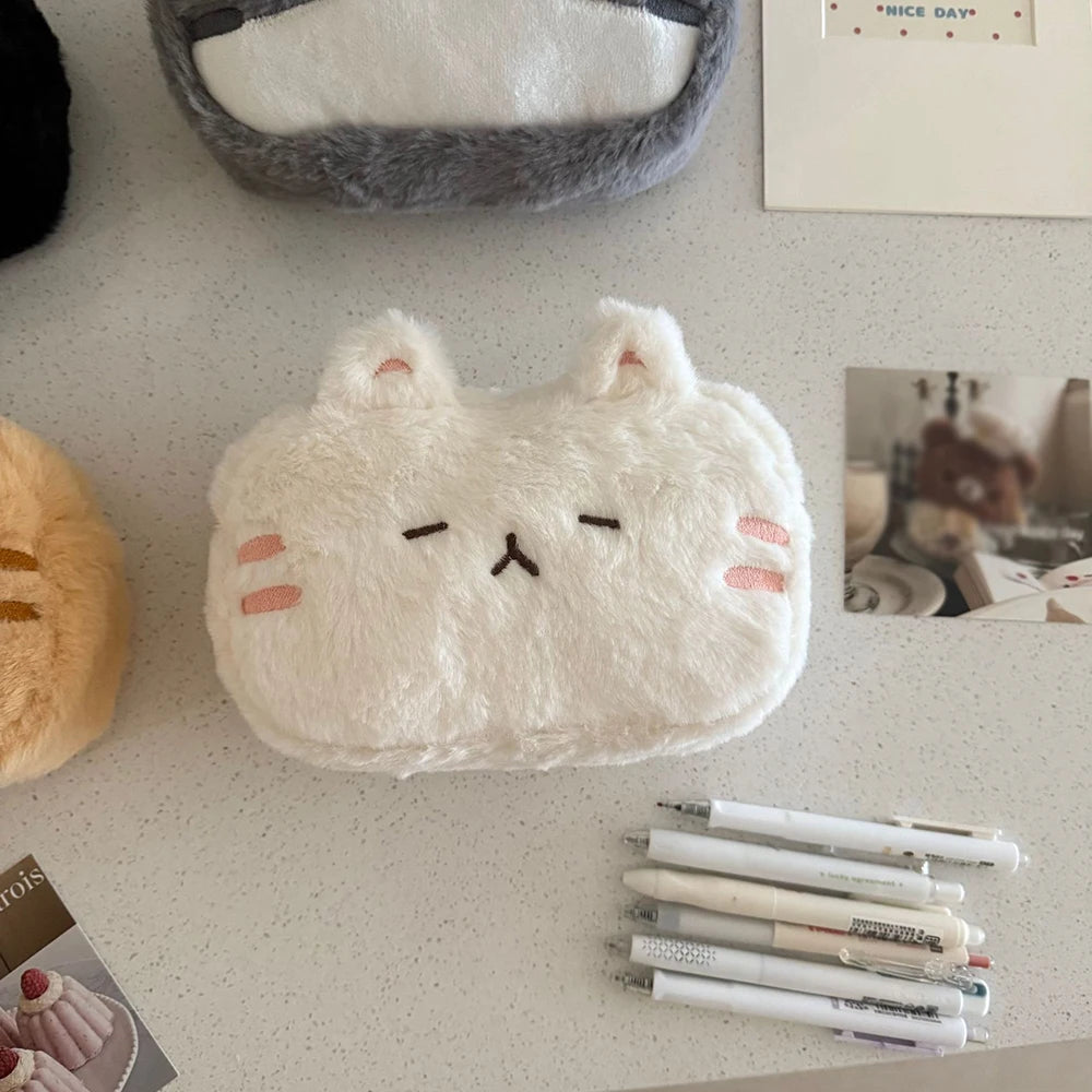 Cartoon Plush Cat Student Pencil Case Embroidered Cute Large Capacity