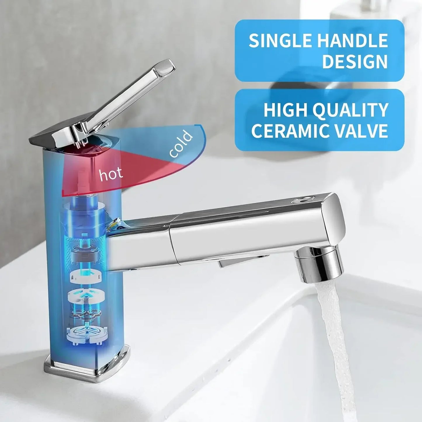 3-Pattern Pull-Out Bathroom Faucet | Single Hole Swivel Spout