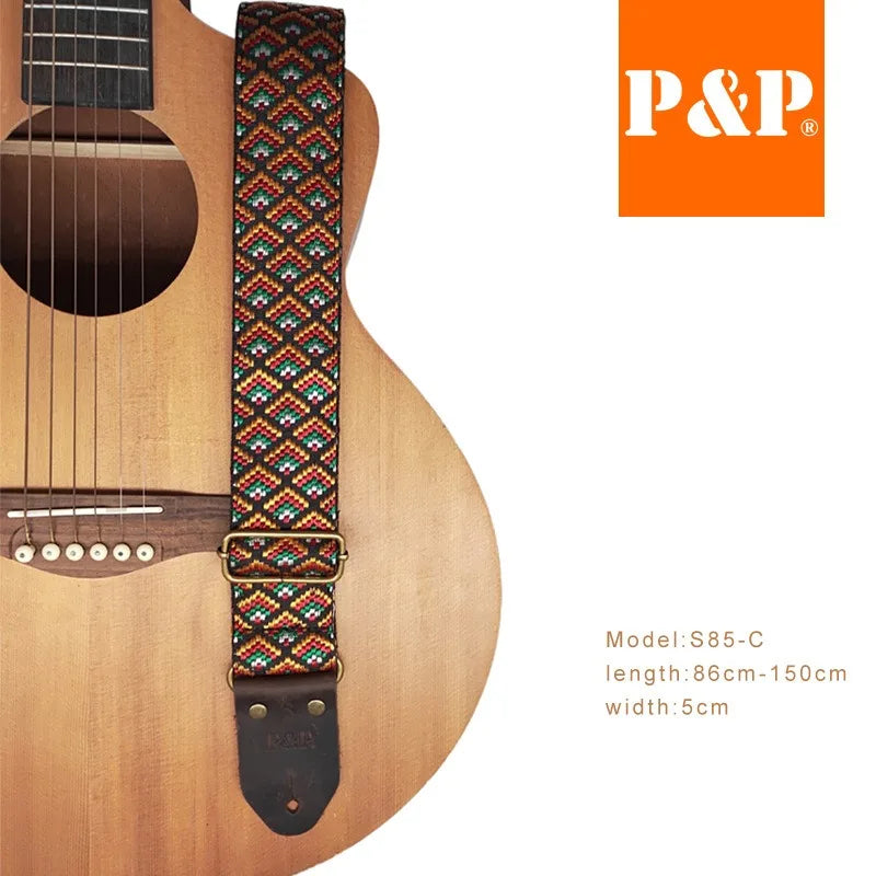 PP Guitar Strap S85 Series Ethnic Jacquard Embroidery Leather Brown