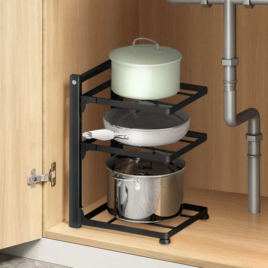 Adjustable Thickened Multi Layer Pot Pan Lid Storage Rack Under Sink Corner Cabinet Space Saving Organizer for Home Kitchen Peaceful Pleasures Health and Wellness
