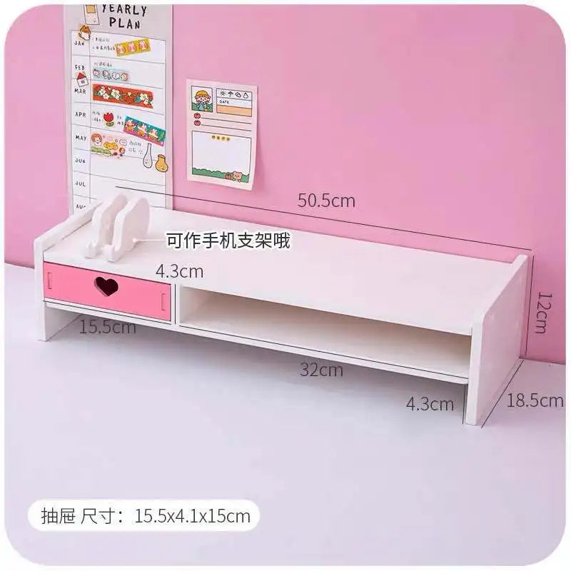 Monitor Stand with Drawer & Desk Storage Rack | White & Pink