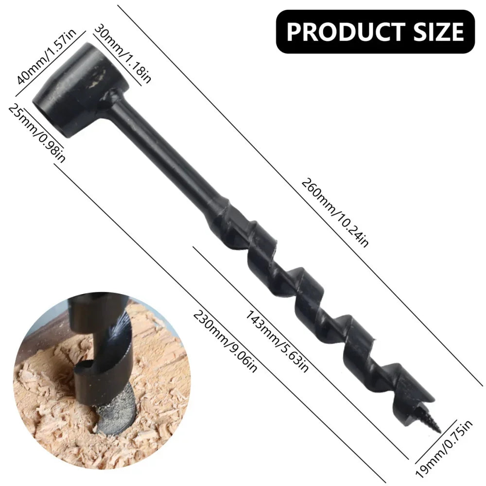 Manual Auger Drill | Carbon Steel Bushcraft Wood Punch Tool Peaceful Pleasures Health and Wellness 19 x 230mm