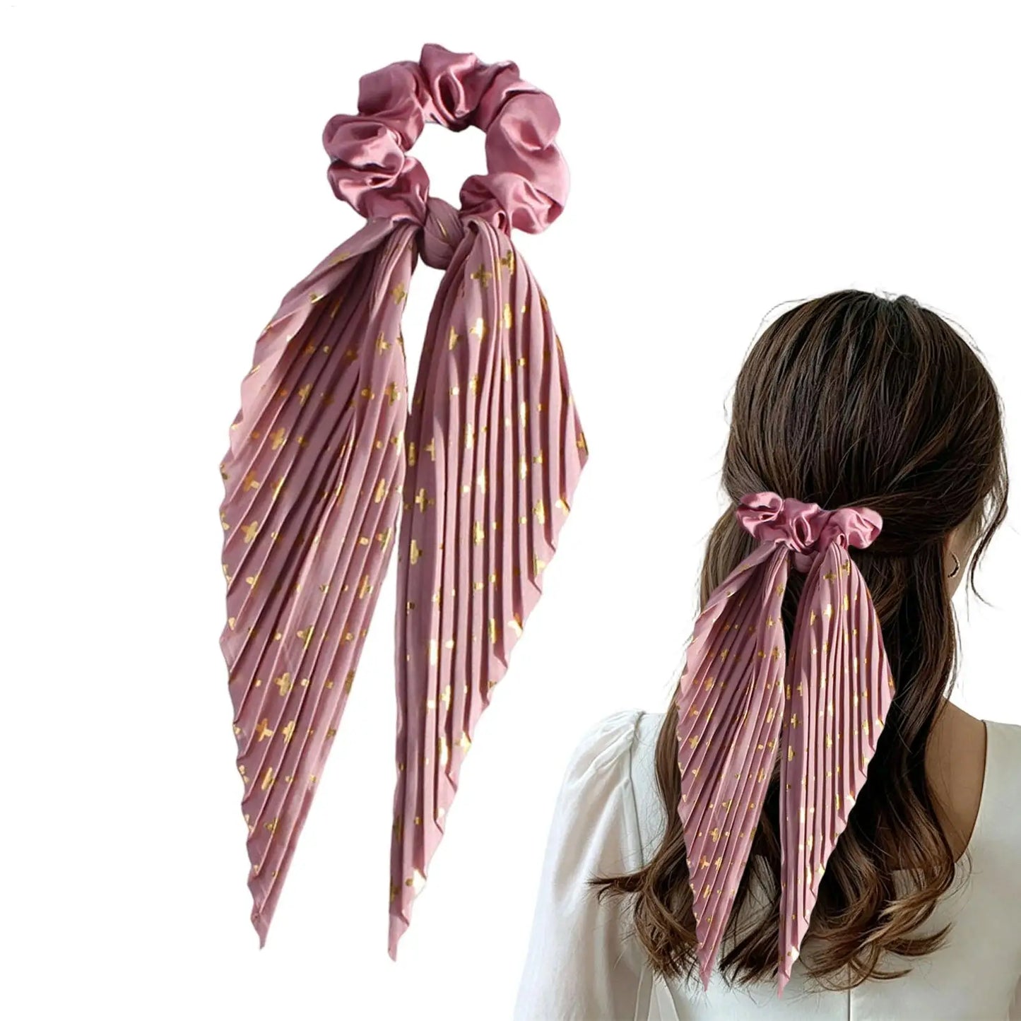 Satin Ribbon Bow Scrunchie – Flower Print Hair Tie for Women