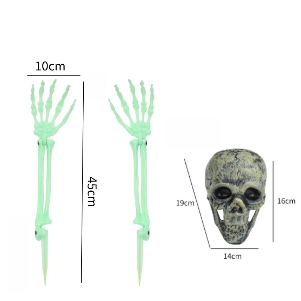 Halloween Skull Skeleton Head Realistic Human Hand Arms for Halloween Party Home Garden Lawn Decor Haunted House Horror Props Peaceful Pleasures Health and Wellness Luminous set